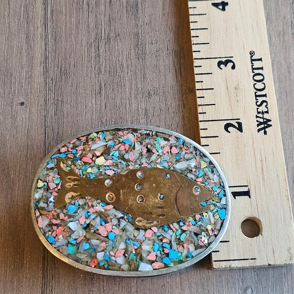 Vintage Alpaca Silver Crushed Stone Inlay Fish Belt Buckle - Picture 2 of 6